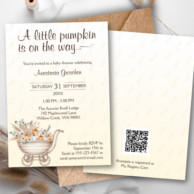 Una pequeña invitación a Baby Shower de Boho de ca (A Little Pumpkin Is On The Way Baby Shower Invitation with QR code)