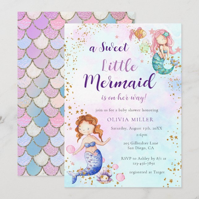 Una pequeña invitación a la sirena en Baby Shower (Anverso / Reverso)