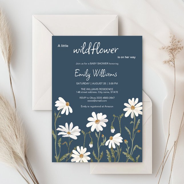 Una pequeña invitación a una ducha de bebé con mar (Daisy wildflower watercolor baby in bloom floral shower invitation in navy colors, rustic, boho)