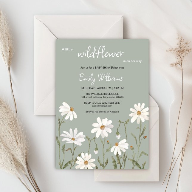 Una pequeña invitación a una ducha de bebé con mar (Daisy wildflower watercolor baby in bloom floral shower invitation in sage colors, rustic, boho)