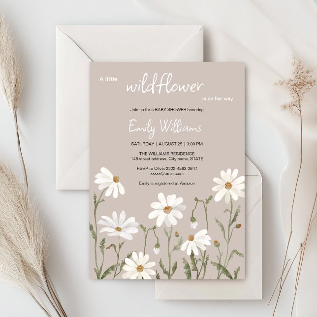 Una pequeña invitación a una ducha de bebé con mar (Daisy wildflower watercolor baby in bloom floral shower invitation in beige colors, rustic, boho)