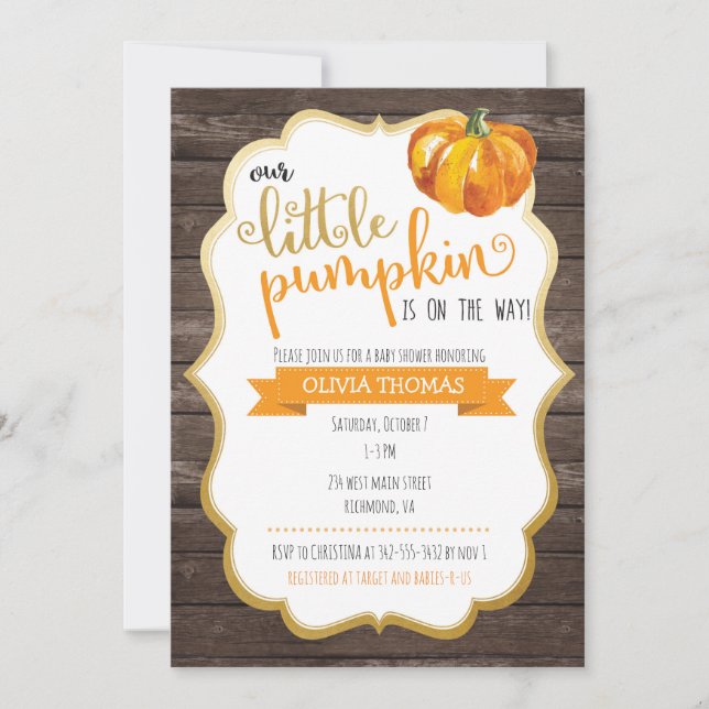 Una pequeña invitación de calabaza en Baby Shower (Anverso)