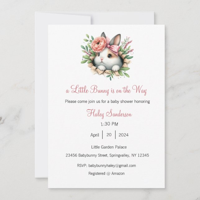 Una pequeña invitación de conejito en camino, bebé (Anverso)