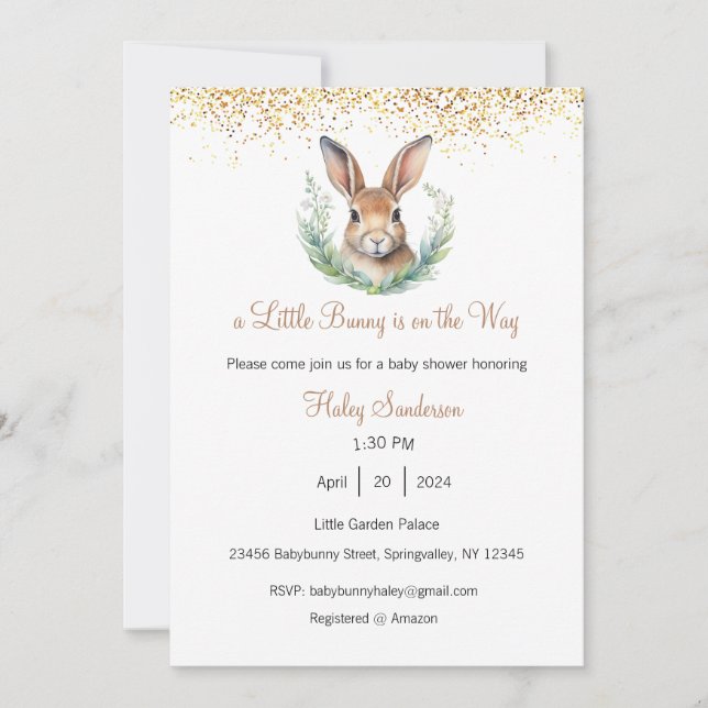 Una pequeña invitación de conejito en camino, bebé (Anverso)