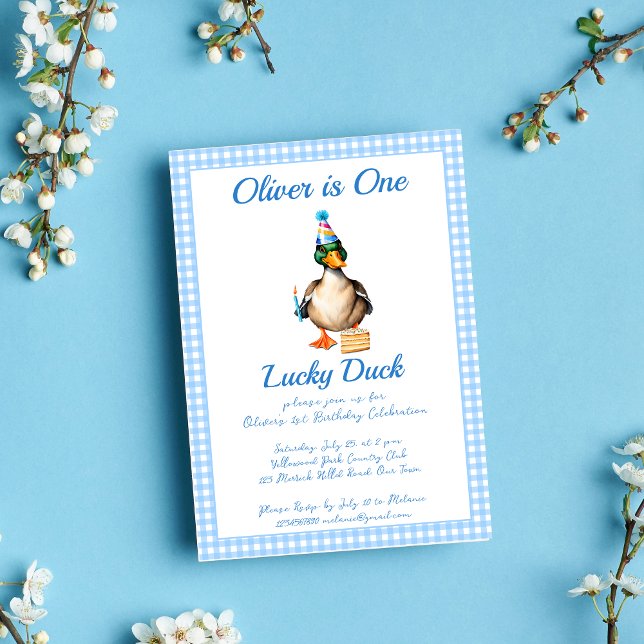 Una plantilla de cumpleaños de gingham azul de pat (One lucky duck blue gingham  birthday party template invitation digital download cute mallard duck)