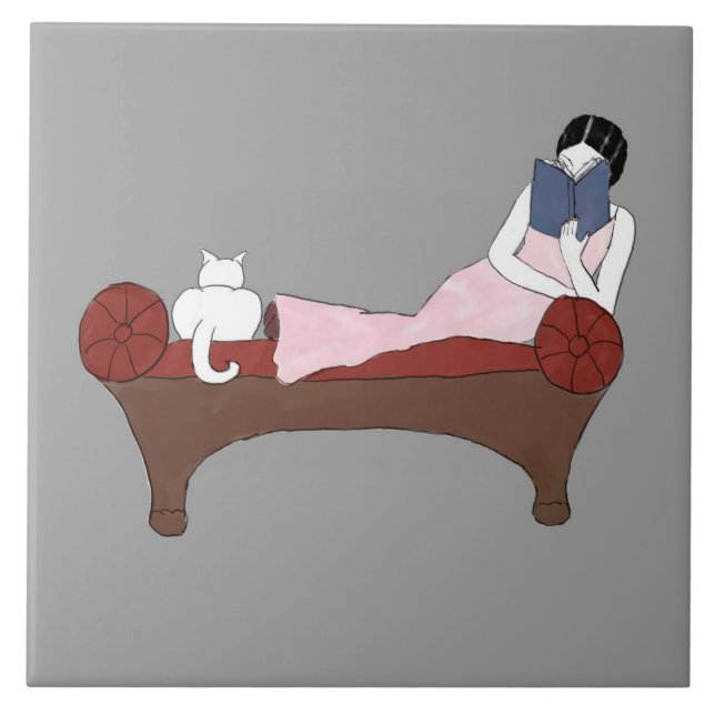 Una señora, un gato y baldosa cerámica del libro (Frente)