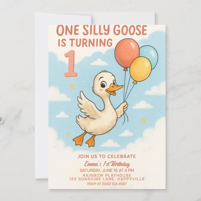 Una Silly Goose Primer Cumpleaños Invitación Para  (Anverso)