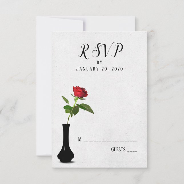 una sola rosa roja en un jarrón para RSVP de boda (Anverso)