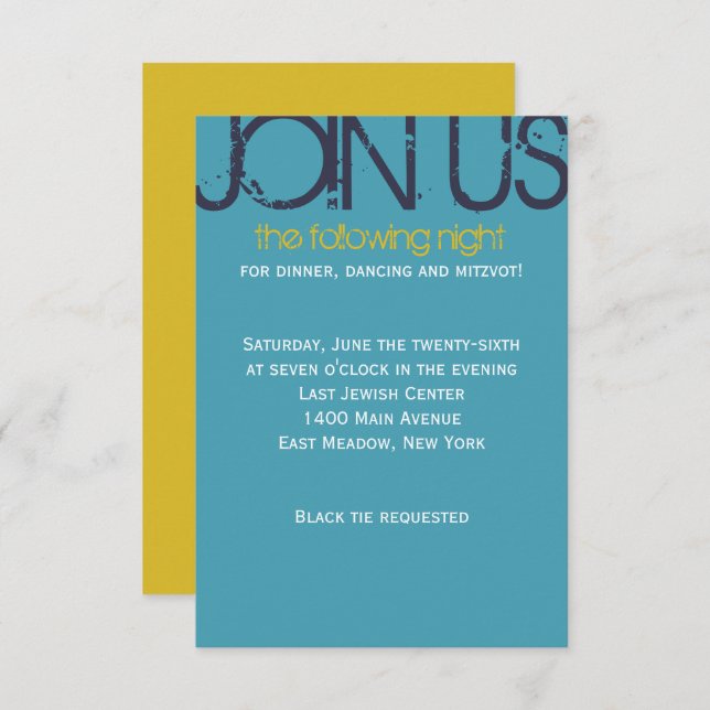 Una tarjeta de fiesta de Bar Mitzvah con barra de  (Anverso / Reverso)