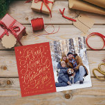 Una tarjeta de fotos con letras de mano muy Feliz<br><div class="desc">Letrería manual original de Becky Nimoy con copos de nieve brillantemente estrellados,  color de fondo personalizado; también disponible en tinta plana</div>