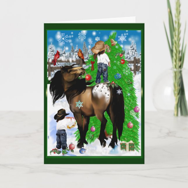 Una tarjeta de Navidad del caballo y del niño (Anverso)
