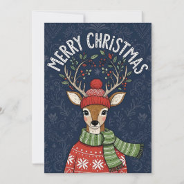 Una tarjeta de Navidad festiva con un ciervo lindo