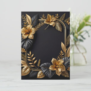 una tarjeta plana de diseño de boda negro y dorado