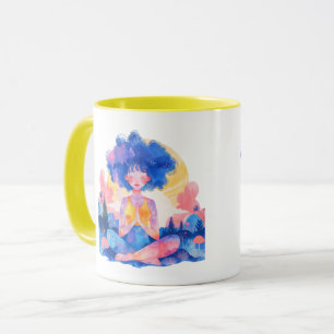 Una taza con un chica en la posición del loto.