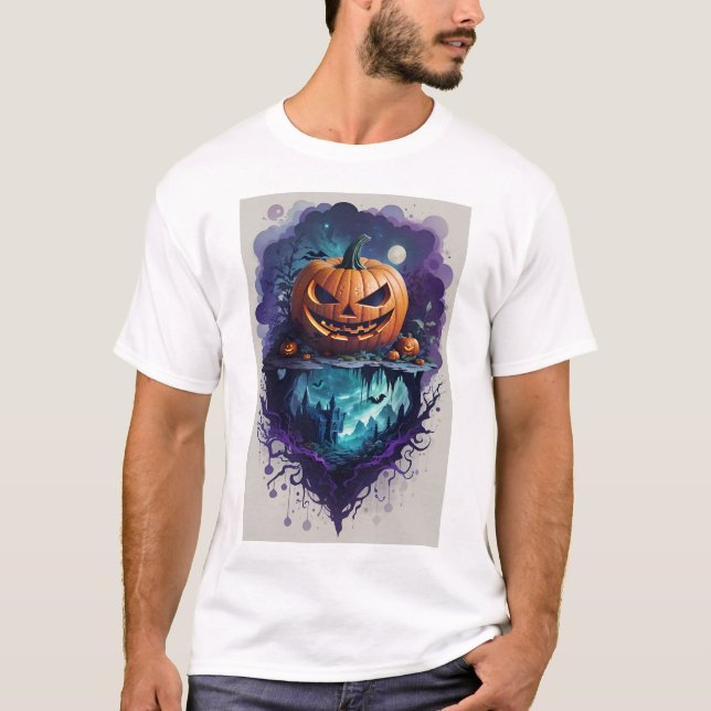 Una vibrante camiseta de calabaza de Halloween. (Anverso)