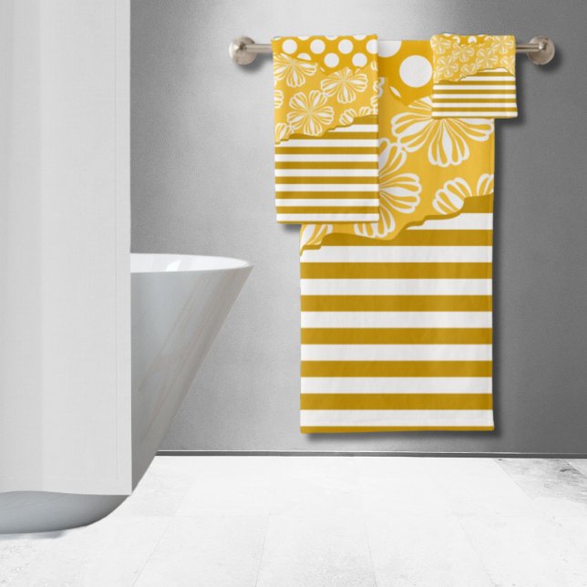 Unas bandas alegres Polka Floral Polka Punto estra (Joyful Stripes Floral Polka Dot Layered Yellow Bath Towel Set)