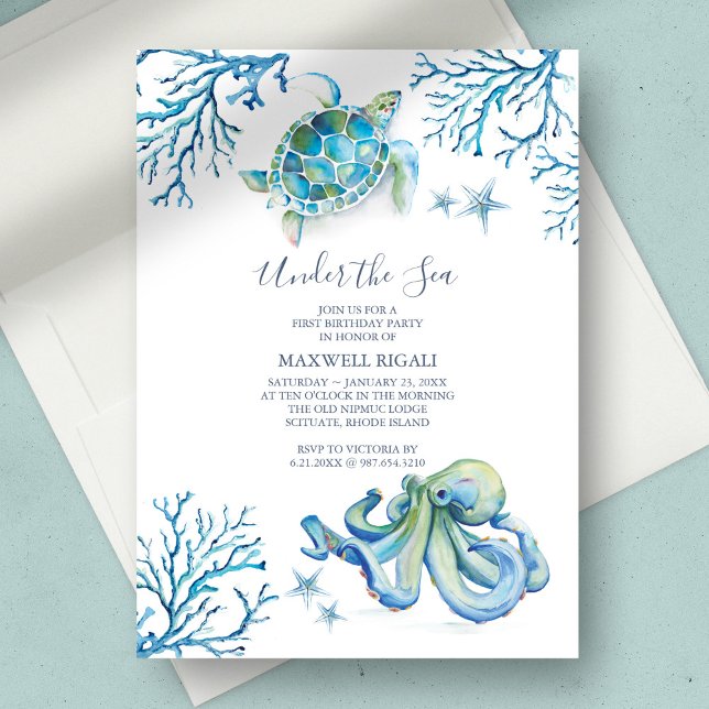 Under the Sea Boy Primera Invitación de Cumpleaños (1st birthday under the sea watercolor blue sea turtle octopus coral starfish )