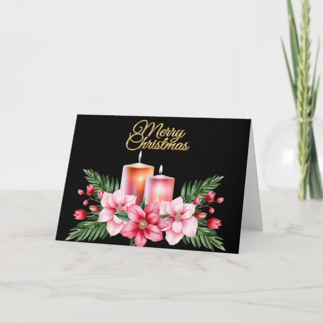 Única tarjeta de Navidad Floral Floral Black Merry (Anverso)