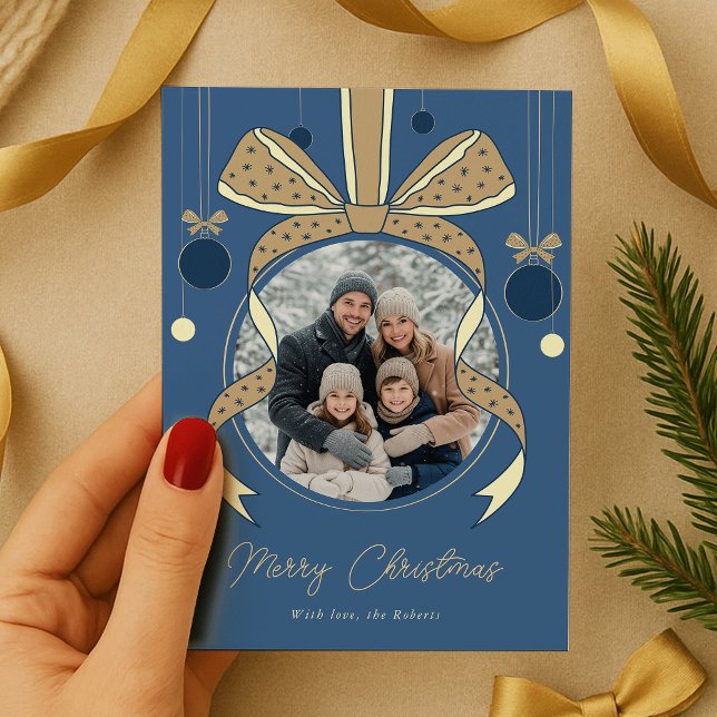 Único Bow Navidad Ornamento Ball Una Foto (elegant whimsical bows Christmas ornament photo holiday cards in blue and cream)