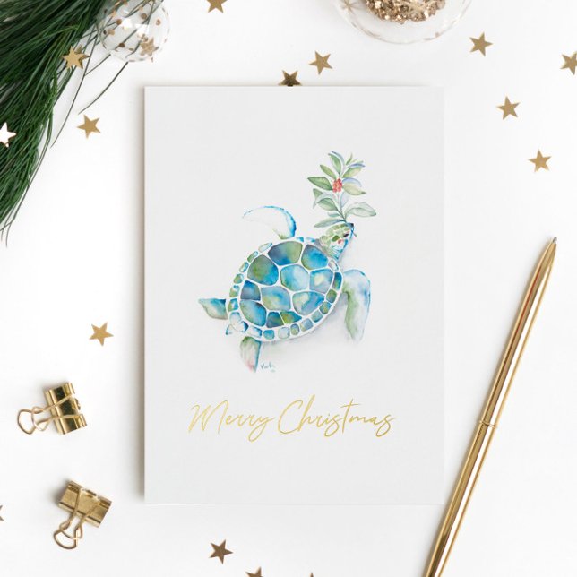 Único Navidad acuático de la tortuga acuática (Beach Christmas cards features watercolor sea turtle art by Victoria Grigaliunas of Do Tell A Belle)