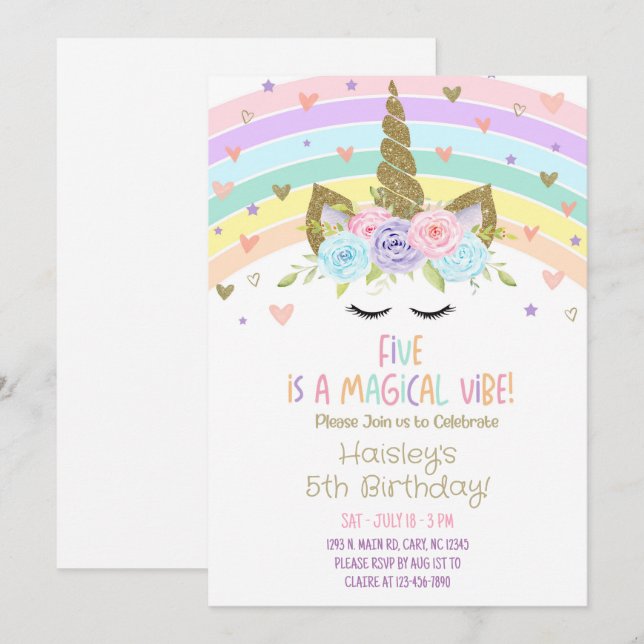 Unicorn FIVE es una invitación de cumpleaños Vibe  (Anverso / Reverso)