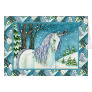 UNICORN INVIERNO Y AVES, TARJETA DE NOTA DE NIEVE