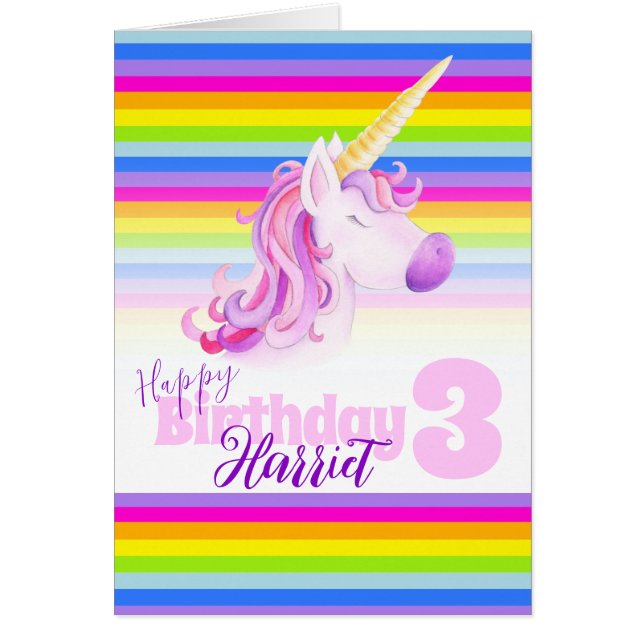 Unicorn rainbow 3rd personalized birthday card (Frente)