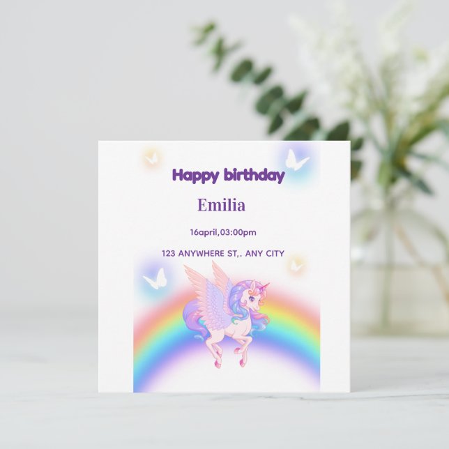 Unicorn Rainbow Birthday Invitation  Flat Card (Anverso de pie)