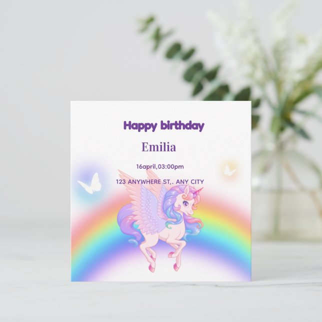 Unicorn Rainbow Birthday Invitation Flat Card (Anverso de pie)