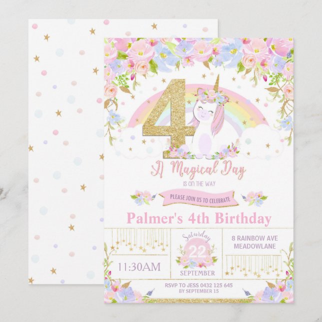 Unicornio 4 Invitación de cumpleaños arcoiris flor (Anverso / Reverso)