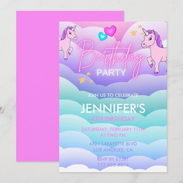 Unicornio 4 invitaciones de cumpleaños Pink Morado (Anverso / Reverso)