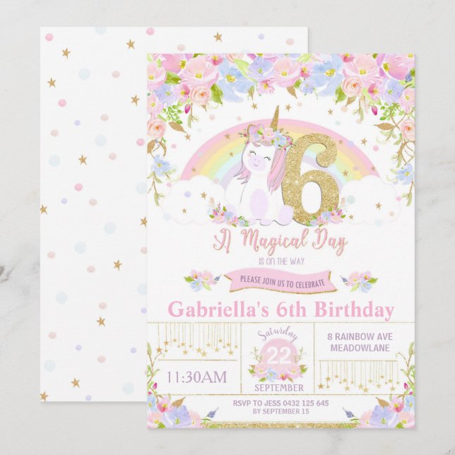 Unicornio 6 Invitación de cumpleaños arcoiris flor (Anverso / Reverso)