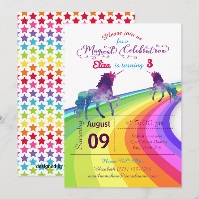 Unicornio arcoiris - Invitación de cumpleaños (Anverso / Reverso)