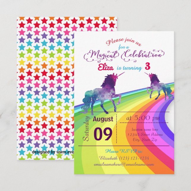 Unicornio arcoiris - Invitación de cumpleaños 3x5 (Anverso / Reverso)
