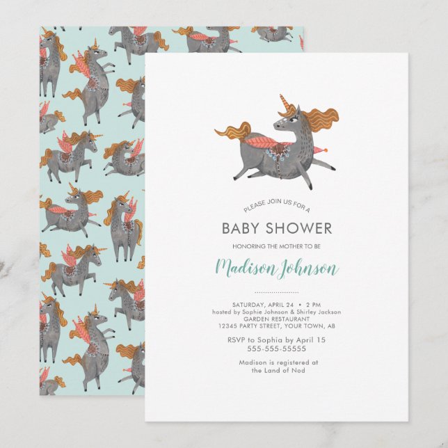 Unicornio | BABY SHOWER | Azul | Invitación (Anverso / Reverso)