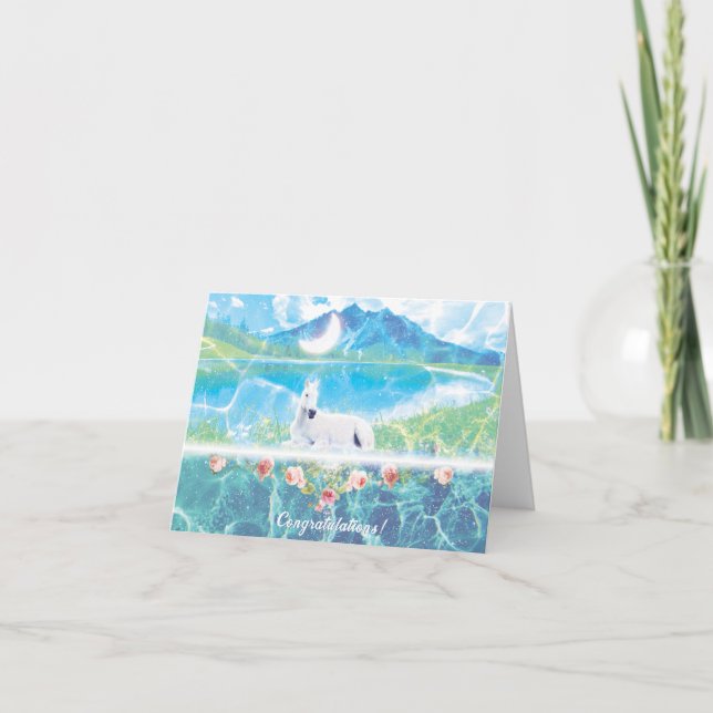 Unicornio con tarjeta de felicitación doblada para (Anverso)