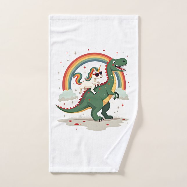 Unicornio de Arcoíris montando T rex - Dinosaurio  (Toalla de mano)