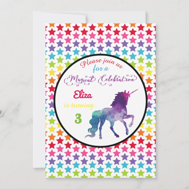 Unicornio de Estrellas de Arcoíris - Invitación de (Anverso)