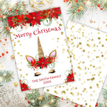 Unicornio de Poinsettia con Tarjeta de Navidad Roj