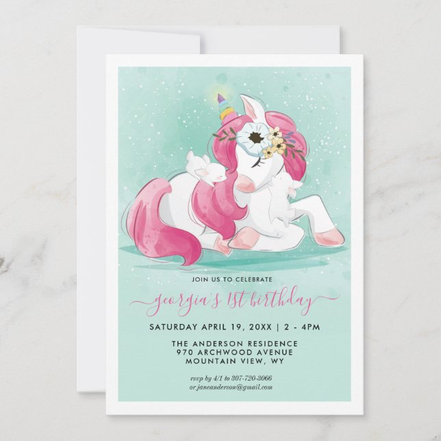 Unicornio de primavera | Invitación de fiesta de c (Anverso)