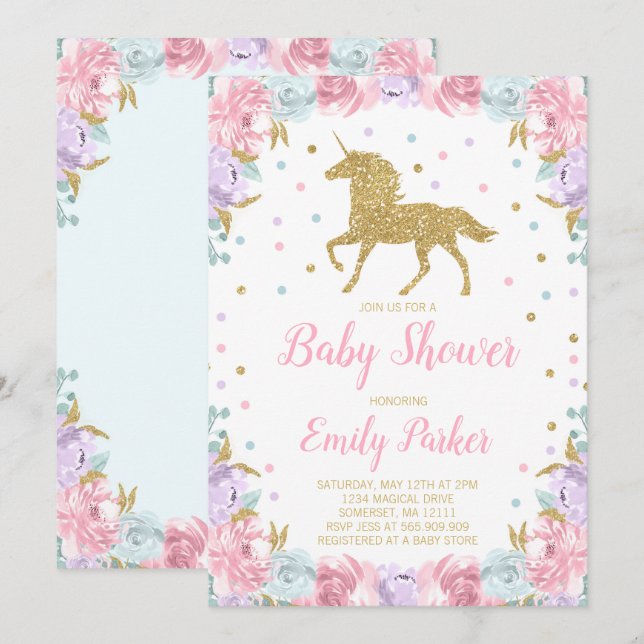 Unicornio del oro del rosa de la invitación de (Anverso / Reverso)