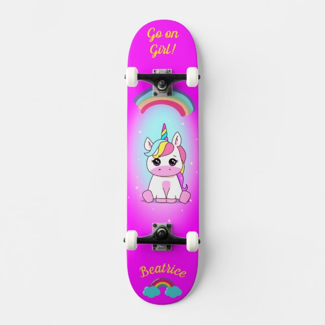 Unicornio en patineta con subtítulos personalizado (Anverso)