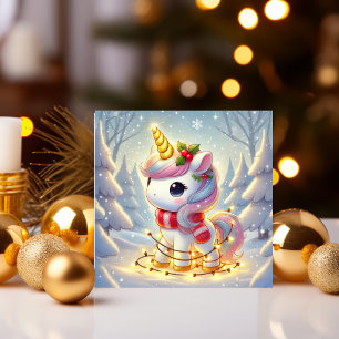 Unicornio envuelto en luces de Navidad doradas