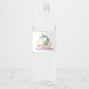 unicornio, floral rosa, etiqueta del frasco de agu