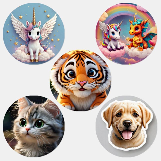 Unicornio, gato, perro, etiqueta impermeable de pe (Grupo)