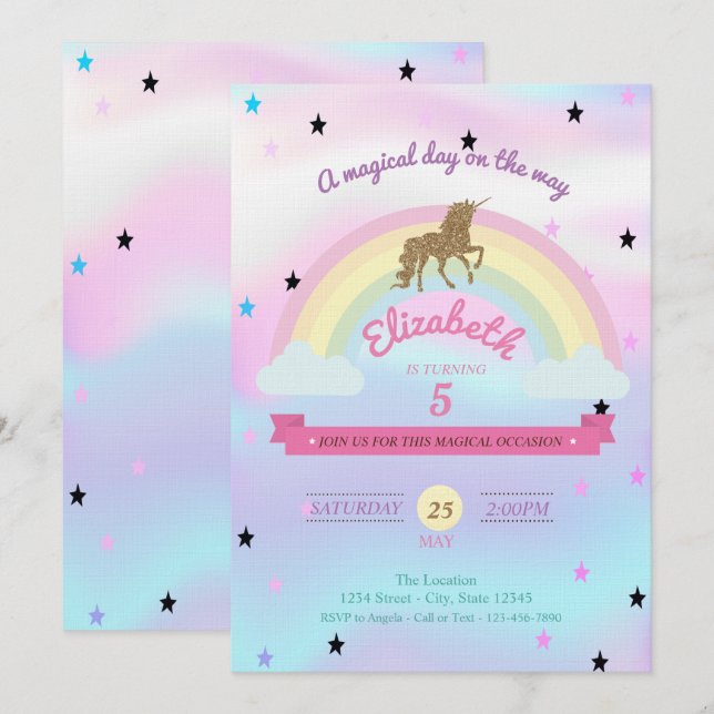Unicornio holográfico, invitación de cumpleaños ar (Anverso / Reverso)