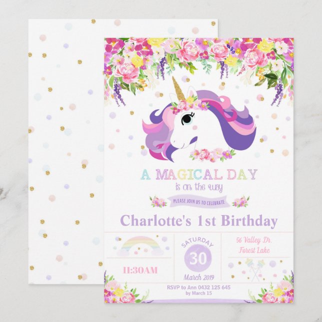Unicornio Invitación de cumpleaños con arcoiris fl (Anverso / Reverso)