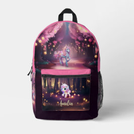 Unicornio lindo en una mochila de bosque mágico ro