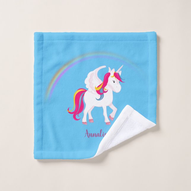 Unicornio mágico con nombre personalizado en azul (Toallita)