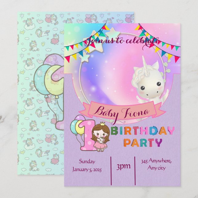 Unicornio mágico - Invitación a la fiesta de cumpl (Anverso / Reverso)